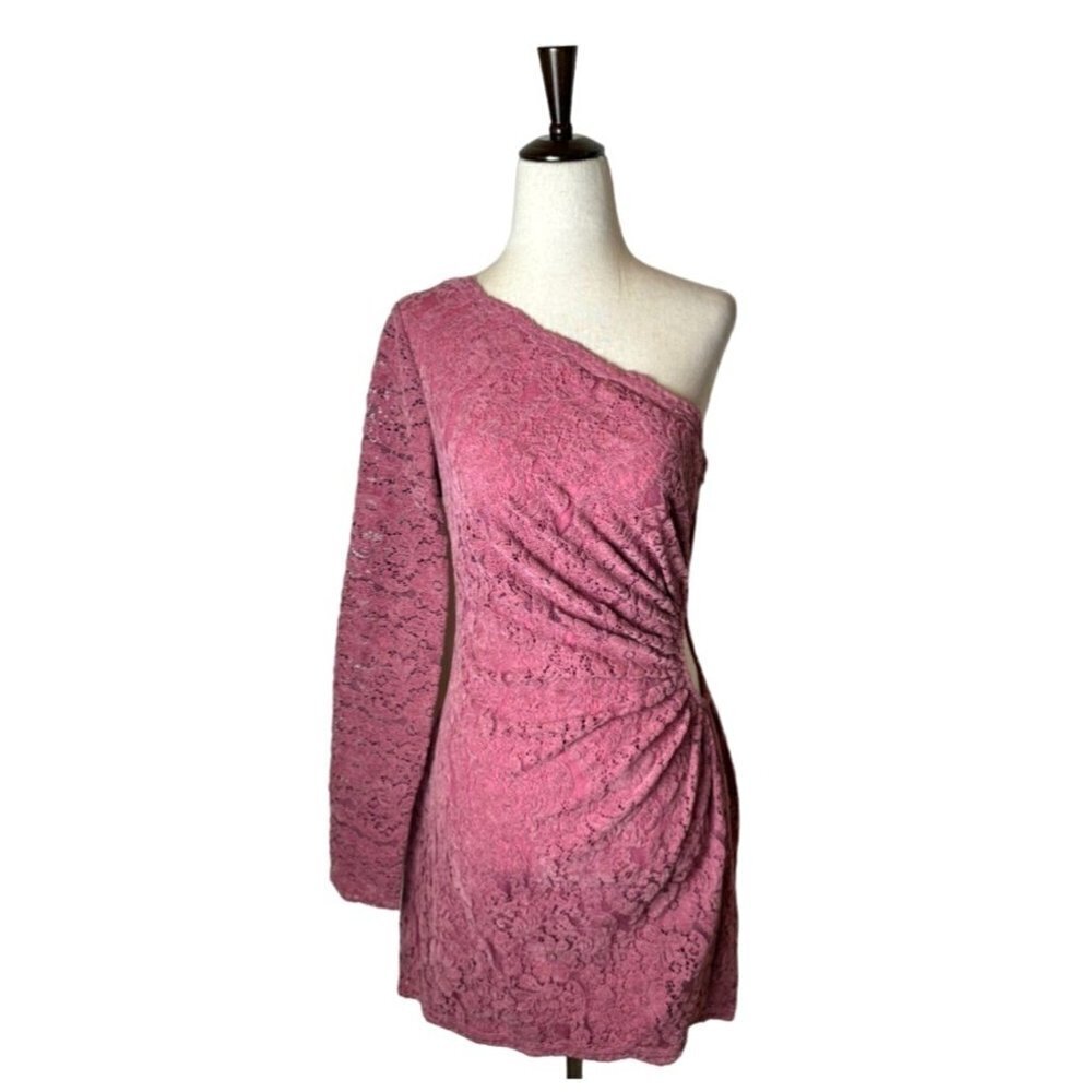 Saylor Pink Lace Velvet Long Sleeve One Shoulder Ruched‎ Cut Out Mini Dress XS
